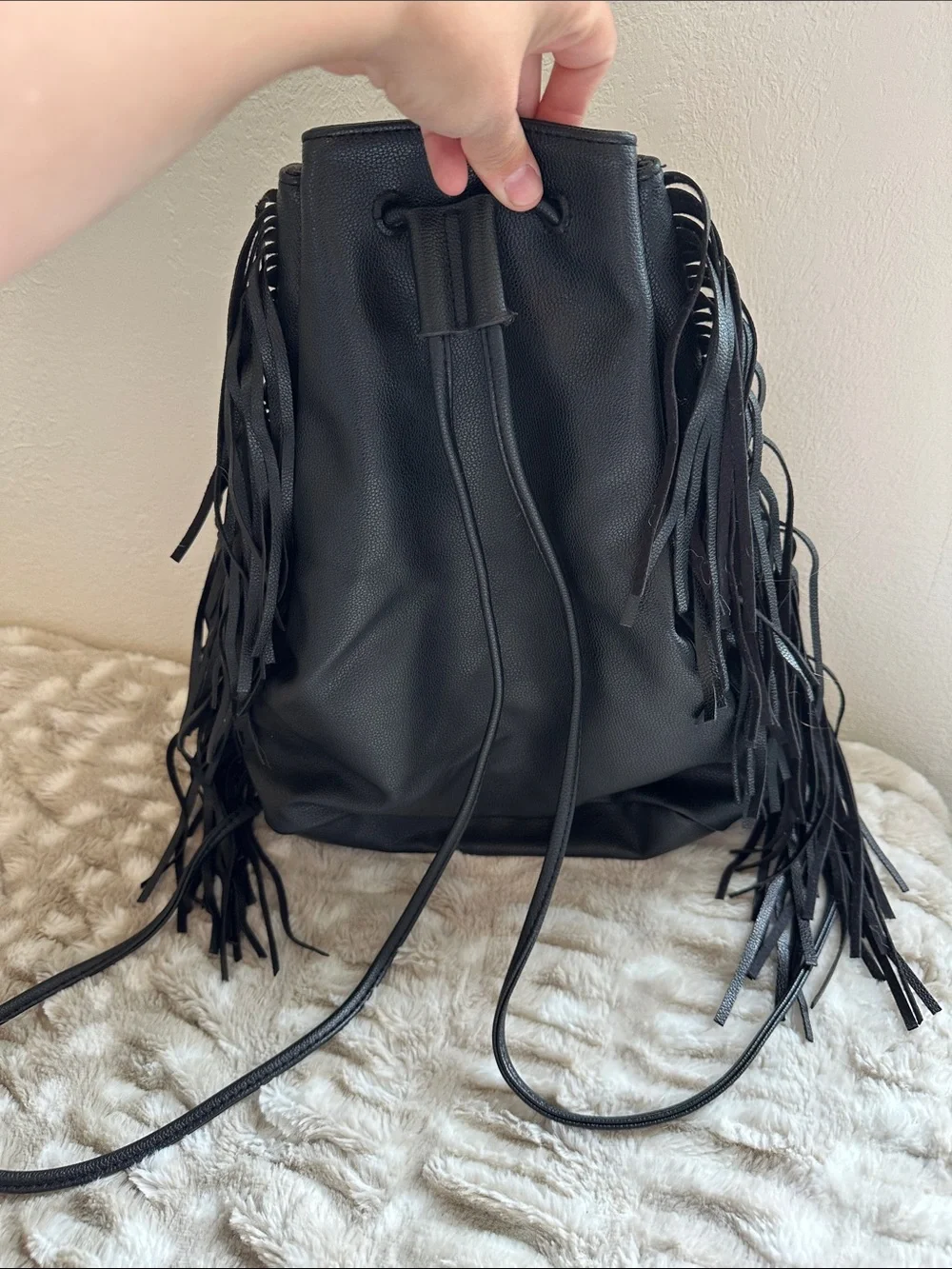 Victoria's Secret Black Leather Fringe Hobo Bucket Bag